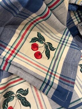 Vintage Crate and Barrel Blue Plaid Table Cloth w 4 Cloth Napkins - Cherry Motif